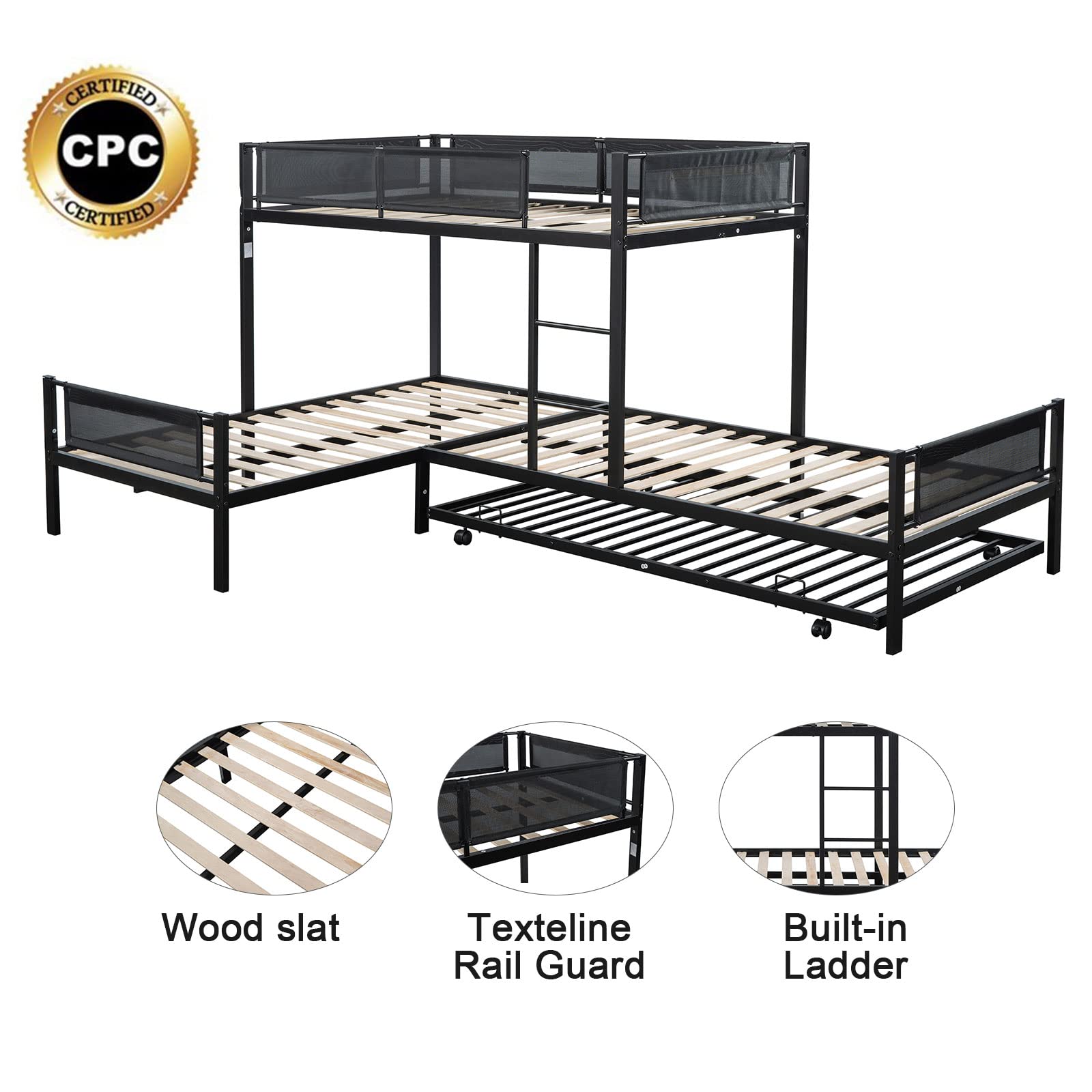 Neylory L-Shape Bunk Bed with Trundle,Triple Bunk Beds Twin Over Twin for 4 Kids,Quad Bunkbed Heavy Duty Metal Frame for Teens Children Toddler