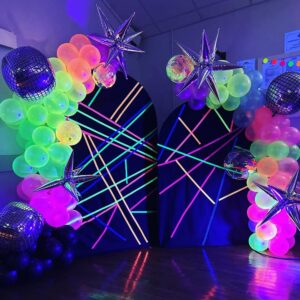 156pcs Neon Balloon Garland Arch Kit, Glow in The Dark UV Neon Fluorescent Balloons, Back to 80s 90s Laser Dicso Party Supplies, Birthday Wedding Black Light Party Decorations (Disco)