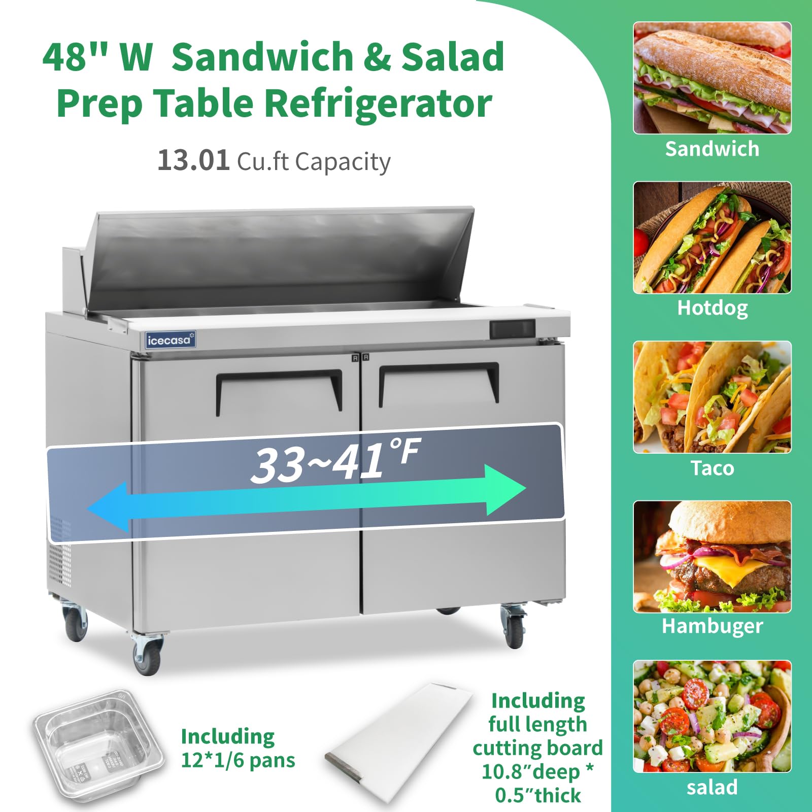 ICECASA 48" W Commercial Refrigerator Sandwich&Salad Prep Table 2 Door Stainless Steel Counter Fan Cooling Refrigerator with 12 pans-48 Inches for Restaurant, Bar, Shop, etc