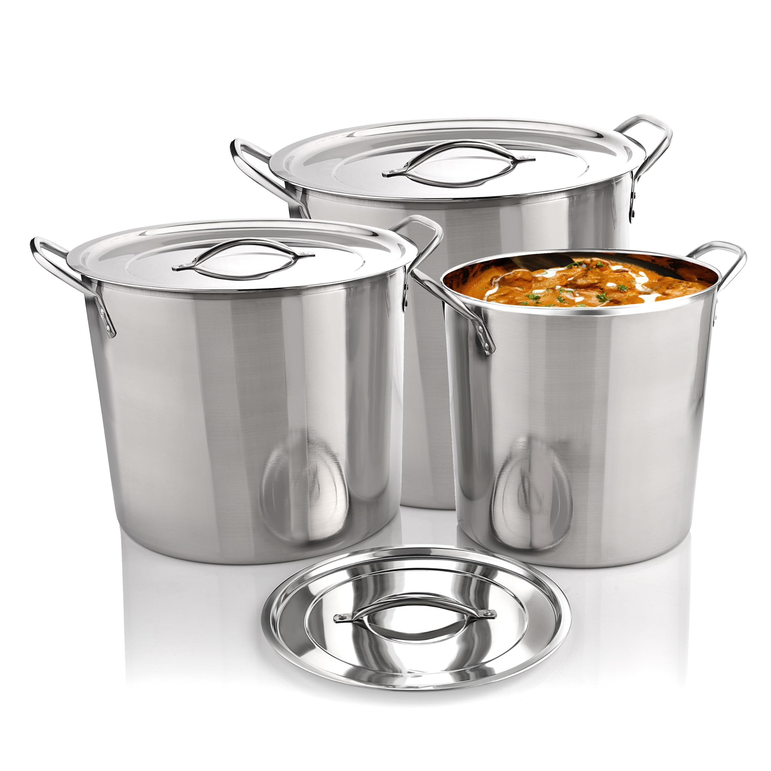 MARBELLA 6 pcs set (6/8/12) Quart Stainless Steel Stockpot with Lid Food Grade Heavy Duty Multipurpose Stock Pot for Stew, Simmering, Soup Pot, Gas and Dishwasher Safe Rust Free Cookware Silver