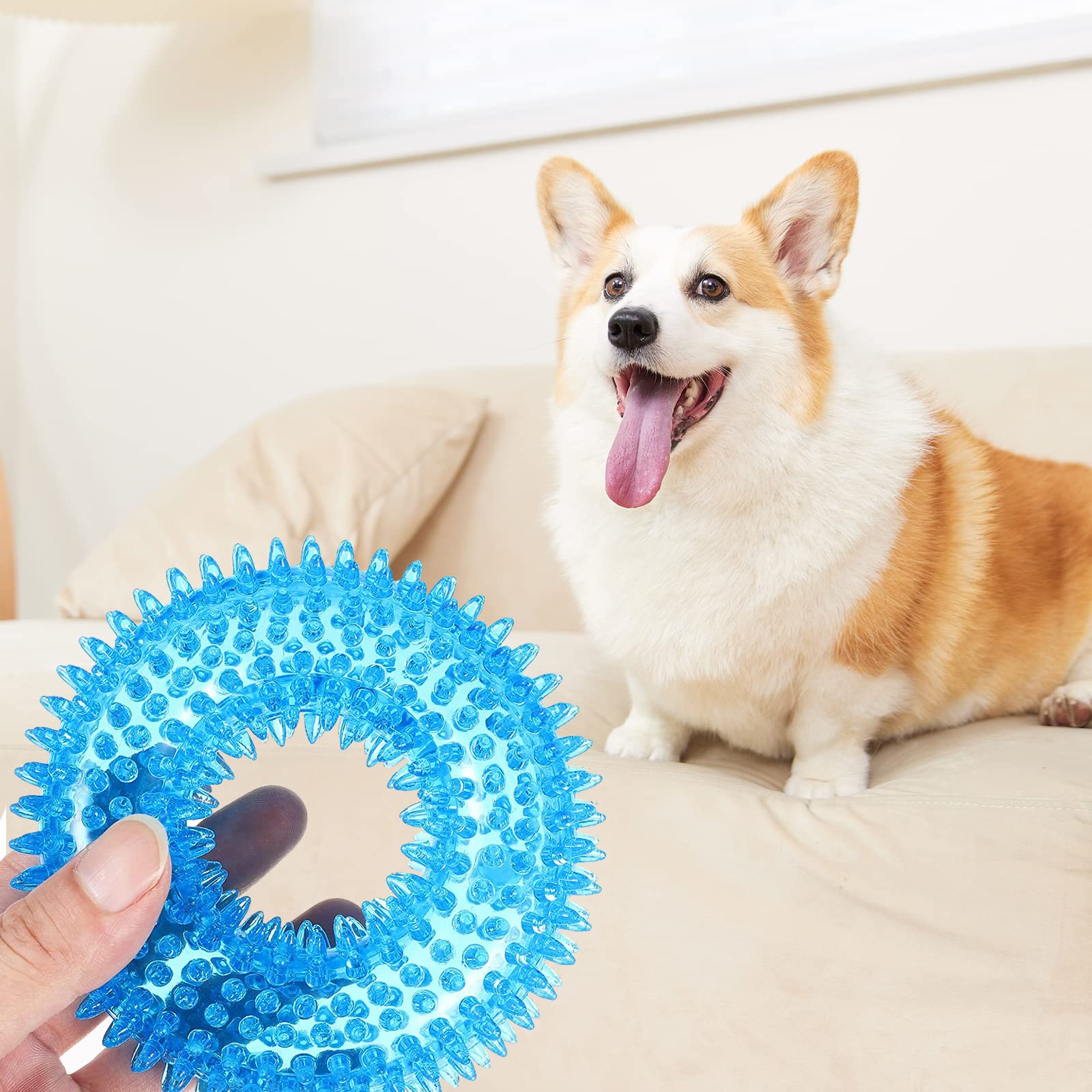 BLMHTWO 2PCS Dog Spiky Toy, Durable Squeaky Balls Chew Toy Rubber Puppy Dental Ring Dog Toy Pool Rings for Small Medium Dogs Indoor Outdoor Training Teeth Cleaning (Blue, Orange)