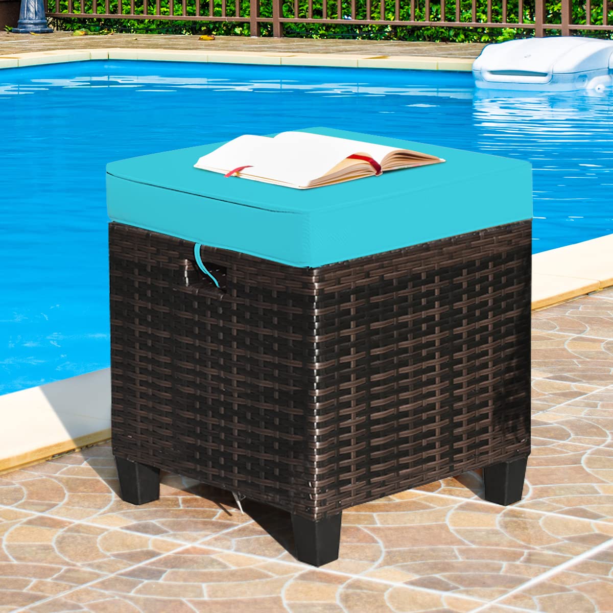 ORALNER Set of 2 Outdoor Ottoman, 16" Wicker Footstools, All-Weather Rattan Cube Foot Stool w/Removable Cushions, Square Footrest Extra Seating for Patio, Porch, Deck, Easy Assembly (Turquoise)