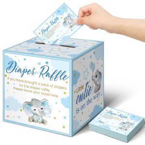 teling 51 pieces diaper raffle tickets with diaper raffle card box baby shower decorations baby shower holder box for girl boy diaper raffle party(blue elephant)