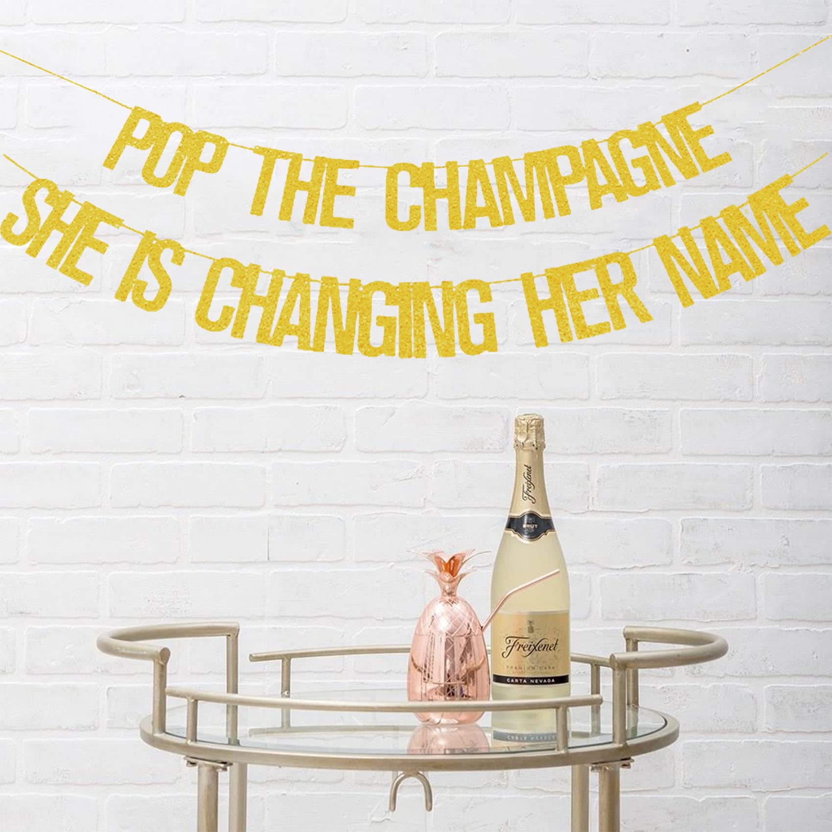 Engagement Party Decorations, Rose Gold Bridal Shower, Bachelorette Banner “Pop The Champagne She is Changing Her Name” Wedding Girls Photo Props Bride to be Backdrop Decor Supplies Favors (Gold)