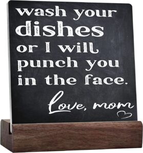 wash your dishes or i will punch you in the face ceramic table plaque with wooden stand office decor inspiration positive motto desk unique thank you present