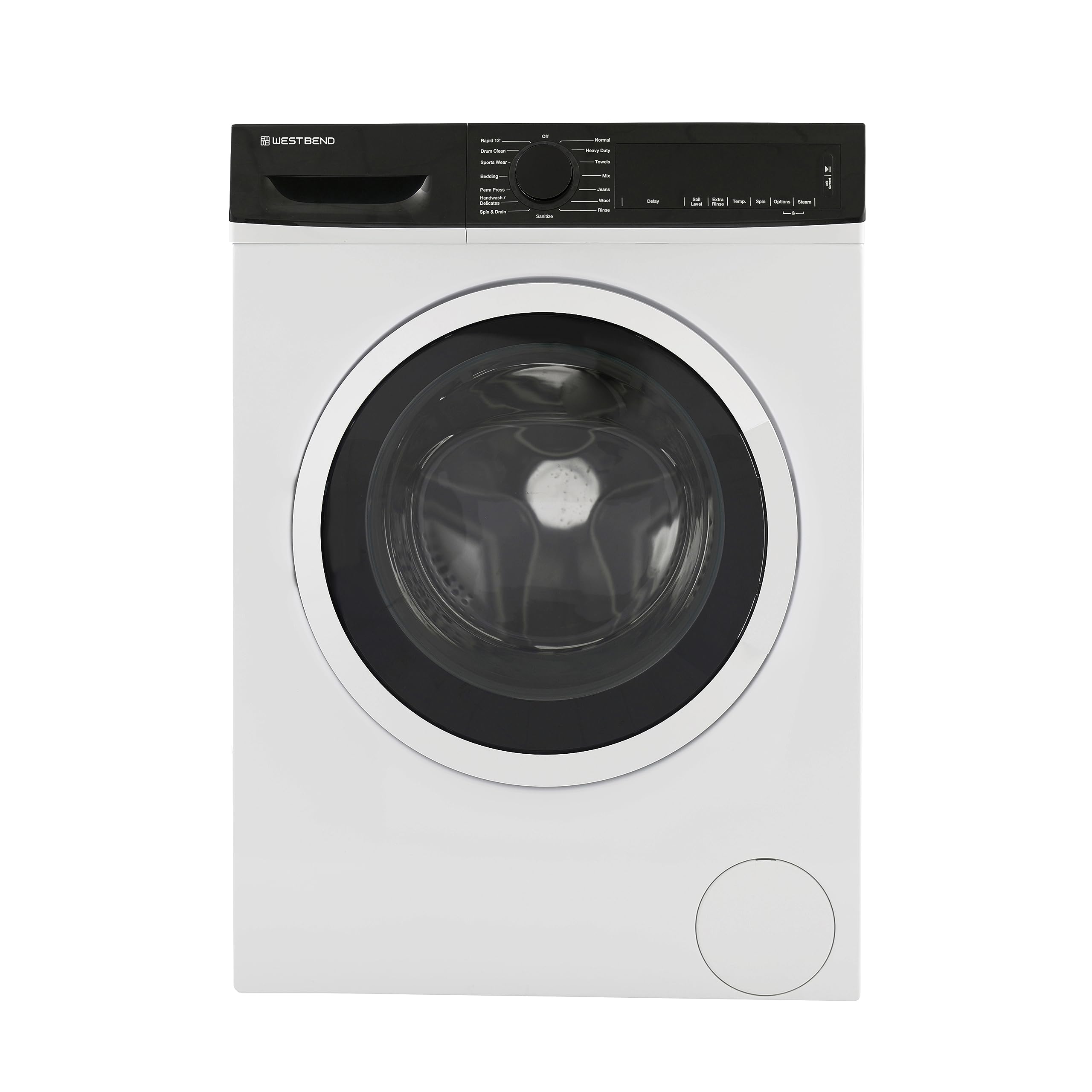 West Bend WB220FLWVW Front Load Washing Machine, Compact Washer, Stackable Option, 15 Automatic Cycles, Adjustable Water Temperatures, LED Display, and See-Through Door, 2.2 cu.ft, White