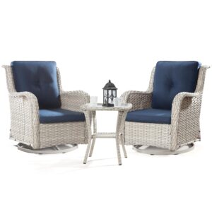 joyside outdoor swivel rocker patio chairs set of 2 and matching side table - 3 piece wicker patio bistro set with premium & soft fabric cushions(light grey/blue)