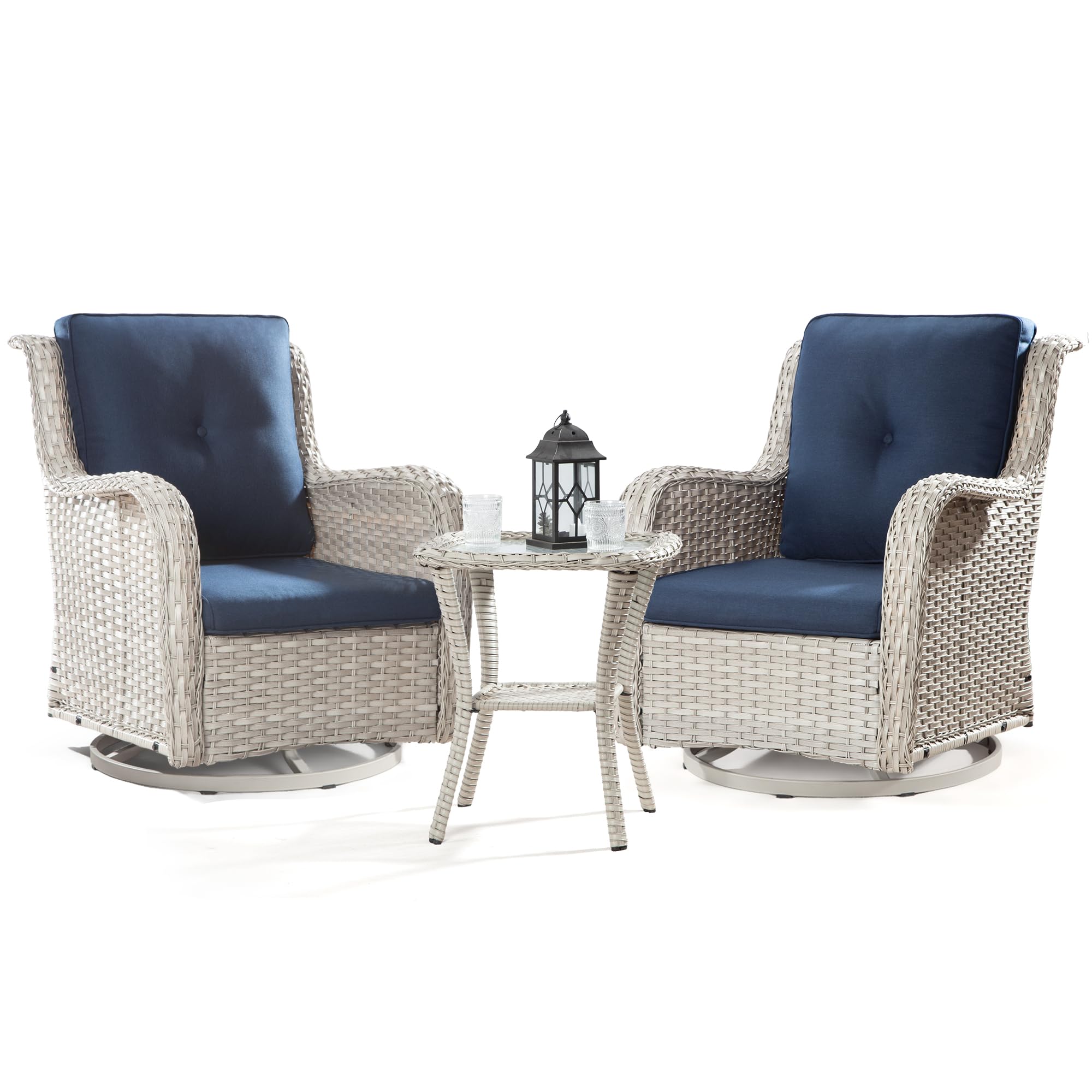 Joyside Outdoor Swivel Rocker Patio Chairs Set of 2 and Matching Side Table - 3 Piece Wicker Patio Bistro Set with Premium & Soft Fabric Cushions(Light Grey/Blue)