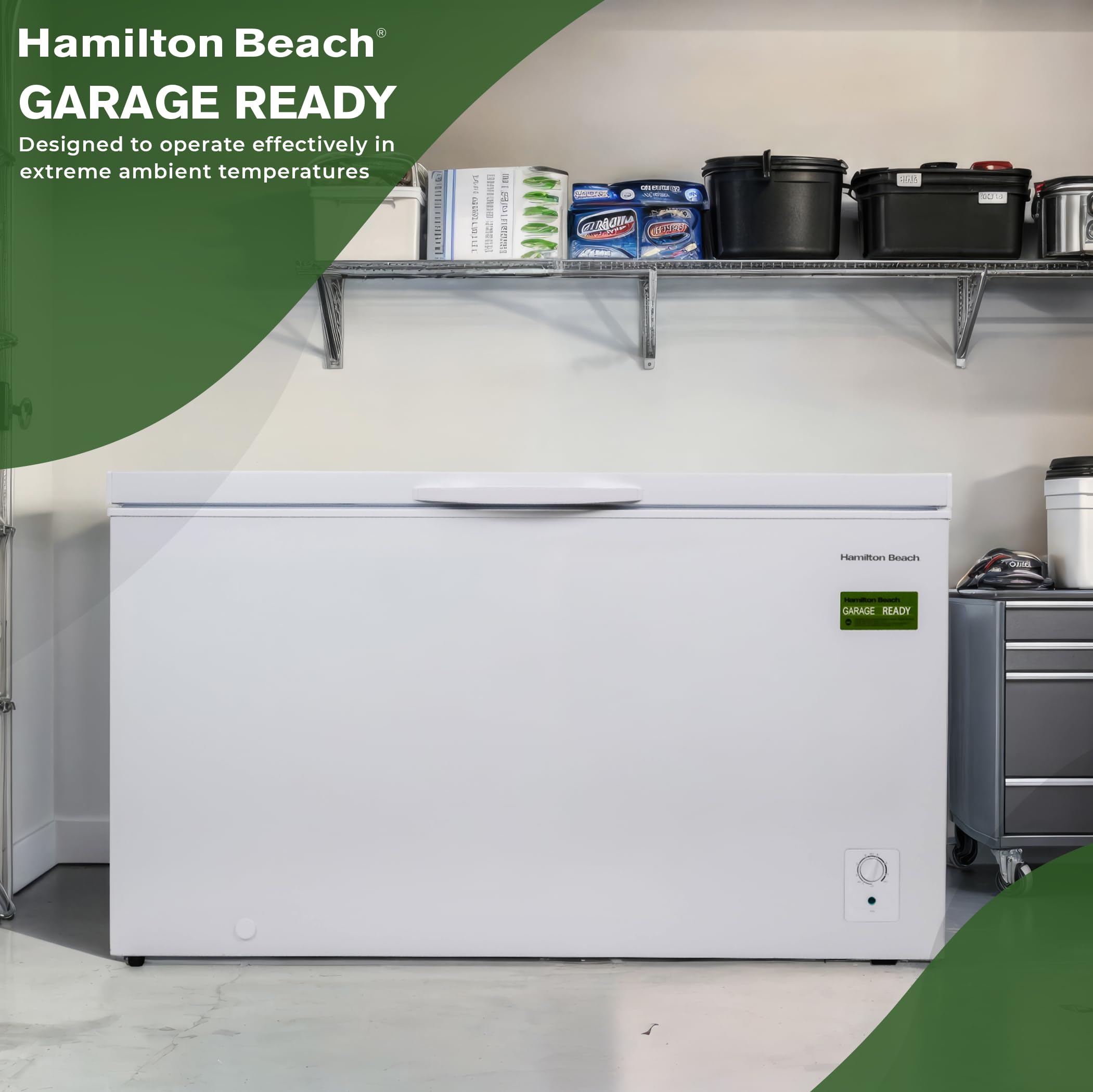 14 cu ft Chest Freezer - White, Large Storage for Families, Space-Saving Flat Back, Front Drain, Garage Ready - By Hamilton Beach