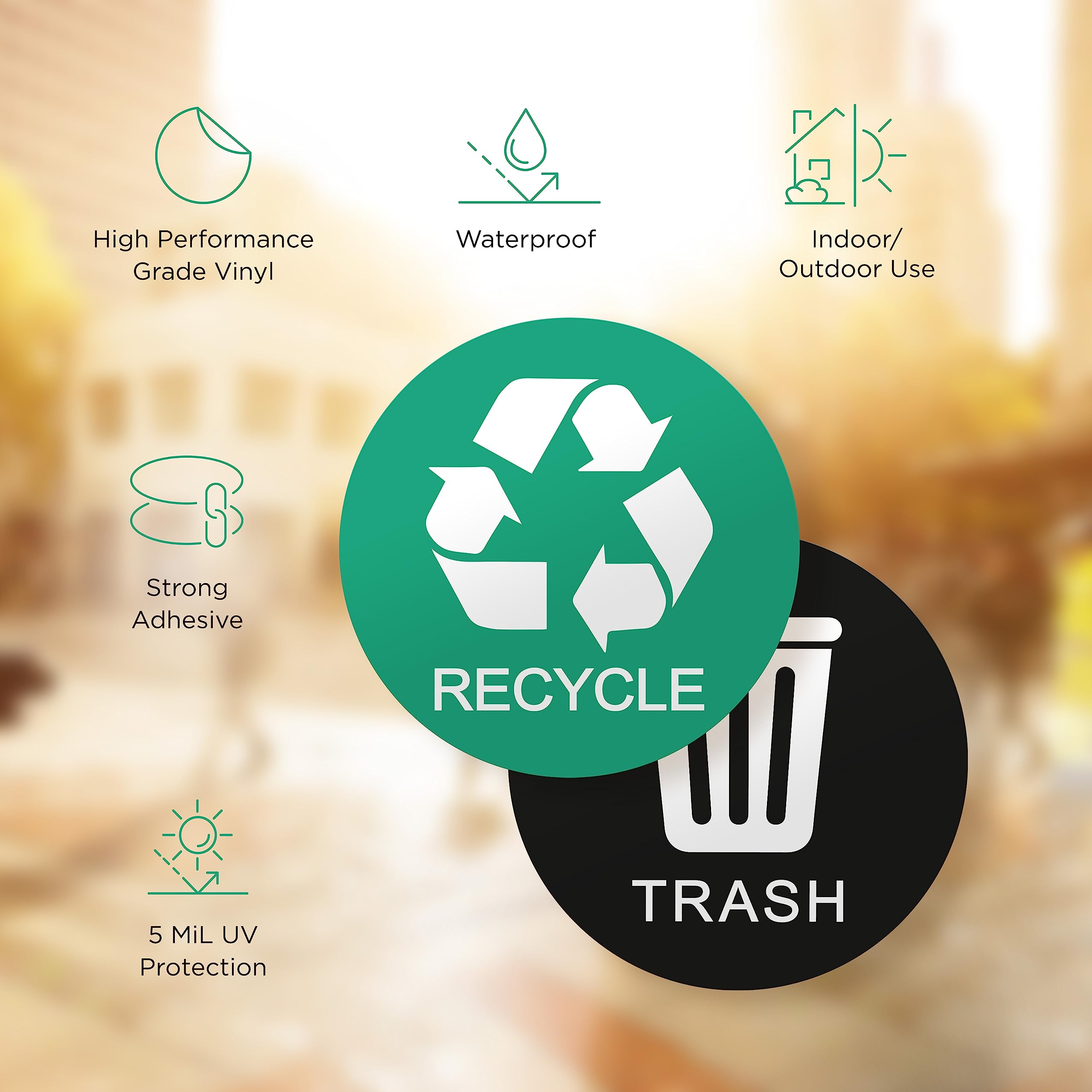 Recycle Stickers for Trash Can - Vinyl Recycle and Trash Signs, Labels for Recycling, Decals for Trash Bins, 6" Outdoor & Indoor Use, Premium Vinyl Self-Adhesive Stickers with Protective Film