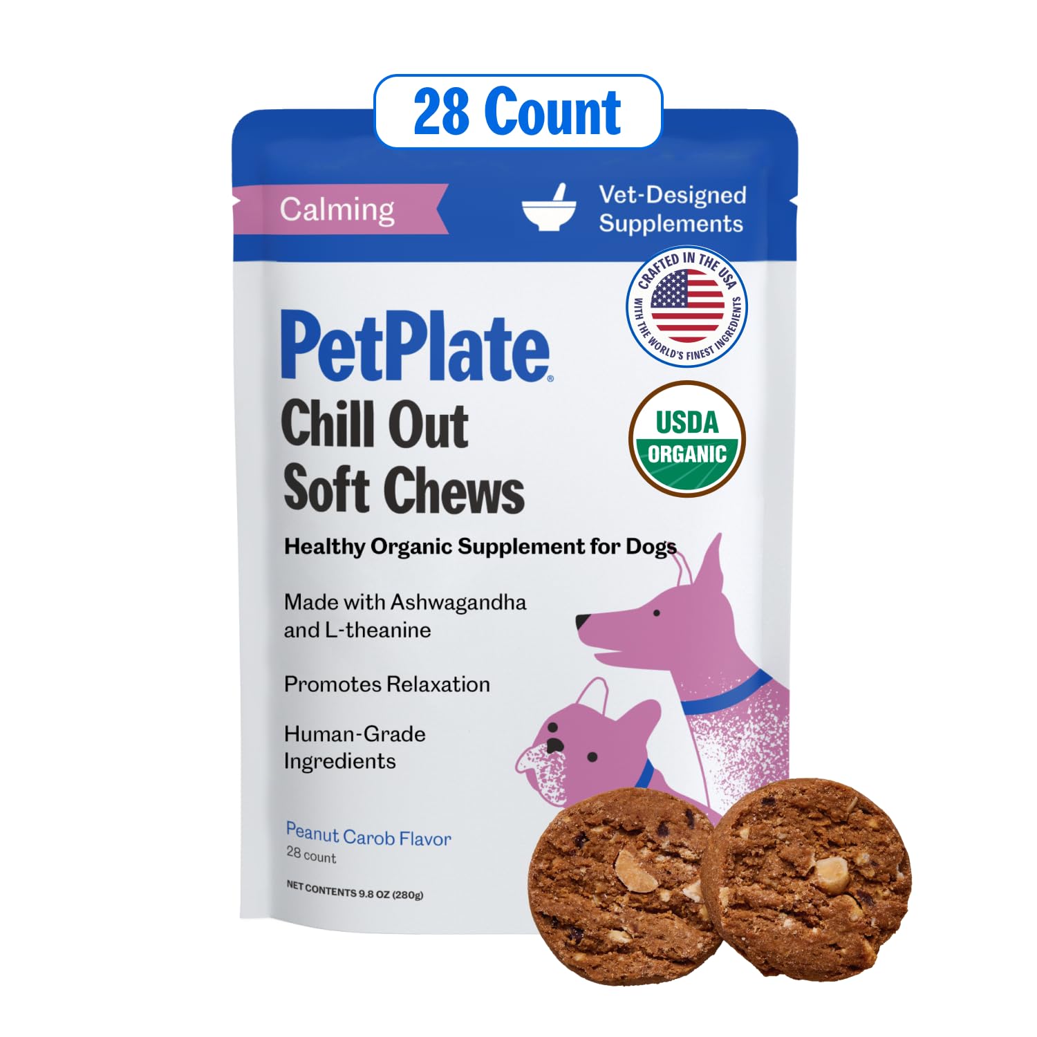 PetPlate Chill Out Soft Chews, Calming and Relaxation Support Supplement for Dogs, Organic and Human-Grade Ingredients, Includes Ashwagandha & L-theanine, Pet Supplies (Pack of 1, 9.8 Ounce)