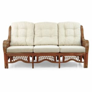 Malibu Lounge Three-Seater Sofa Natural Rattan Wicker Handmade Design with Cream Cushions, Colonial