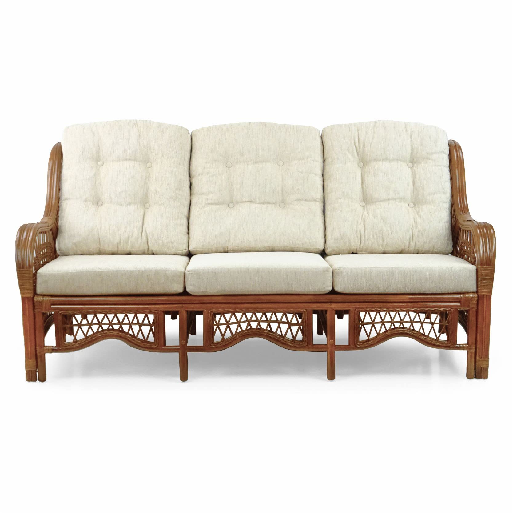 Malibu Lounge Three-Seater Sofa Natural Rattan Wicker Handmade Design with Cream Cushions, Colonial