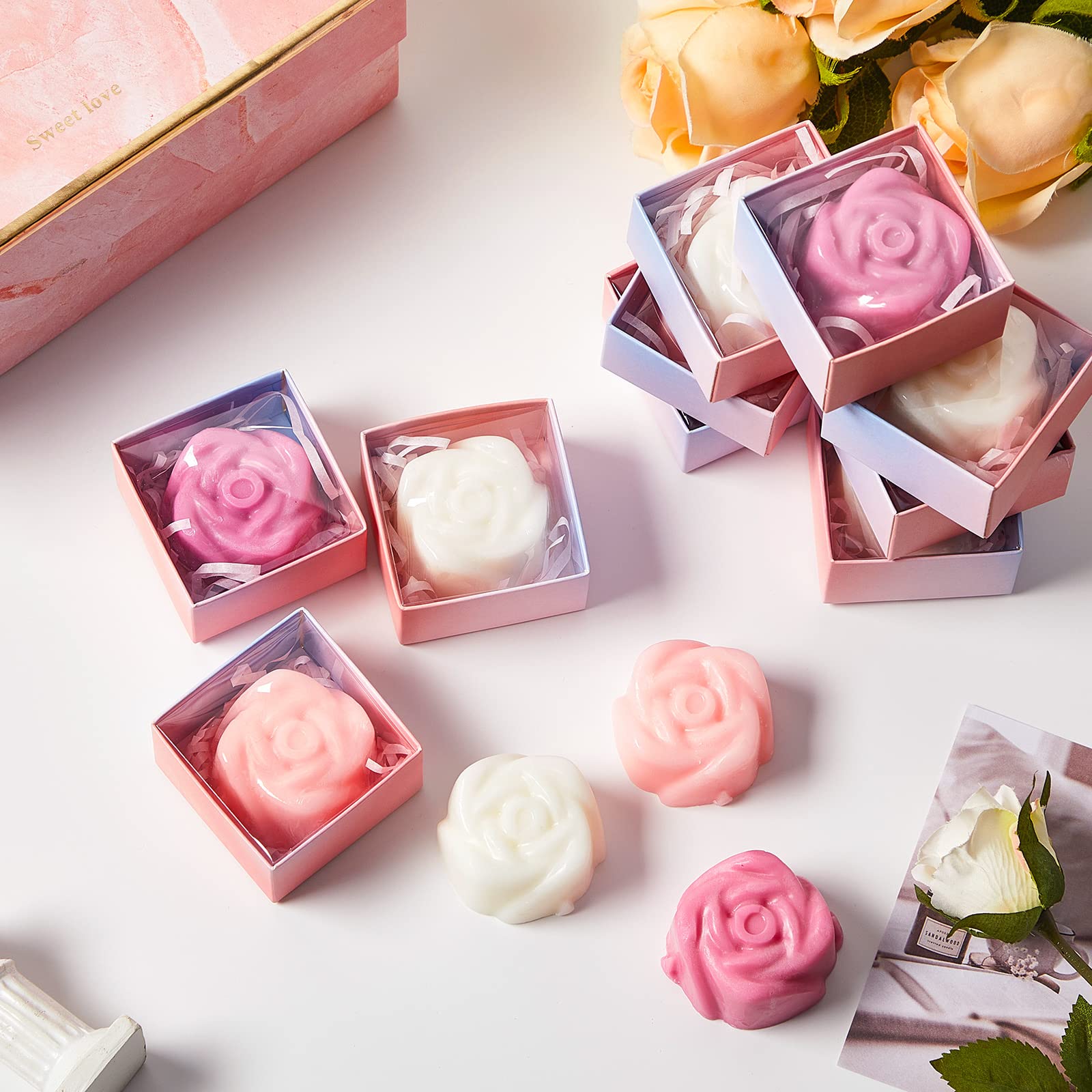 Loopeer 24 Pcs Rose Soap Favors Mini Soaps Bridal Shower Favors Wedding Favors for Guests Baby Shower Decorations Bridal Shower Favors, Beige White, Pink, Rose Red