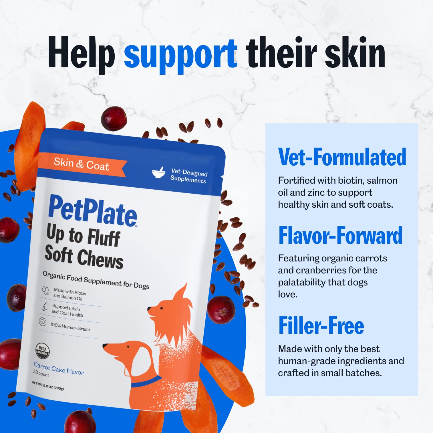 PetPlate Up to Fluff Soft Chews for Dogs, Skin & Coat Support, USDA Organic Supplement, Grain-Free, Human-Grade, Includes Salmon Oil and Biotin, Pet Supplies (Pack of 1, 9.8 Ounce)