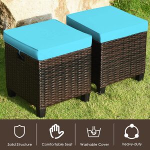 ORALNER Set of 2 Outdoor Ottoman, 16" Wicker Footstools, All-Weather Rattan Cube Foot Stool w/Removable Cushions, Square Footrest Extra Seating for Patio, Porch, Deck, Easy Assembly (Turquoise)