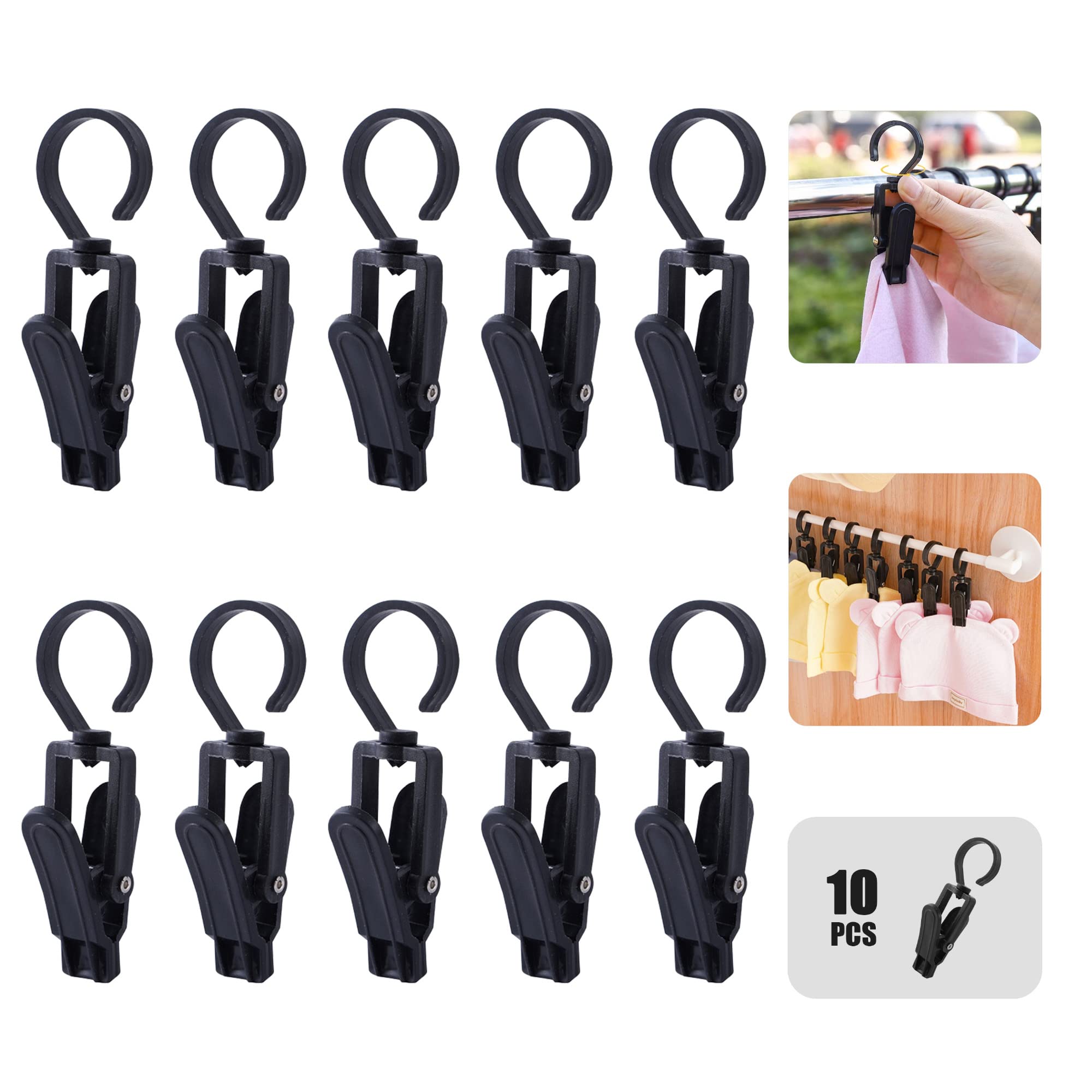 Rotating Laundry Hook Clip,Plastic Clothes Swivel Hanger,Multipurpose Anti-skid Clothespin,Hat/Cap/Socks/Scarf Hanging Organizer,Heavy Duty/Windproof/Black Drying Clamp,Wardrobe Organizing Tool(10pcs)