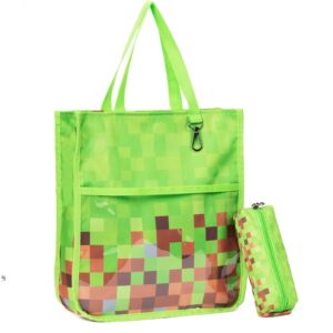 kids cute tote bags for boys girls ages 4-16,handbags with pencil case, book tote bags with zipper for school and playtime (green)