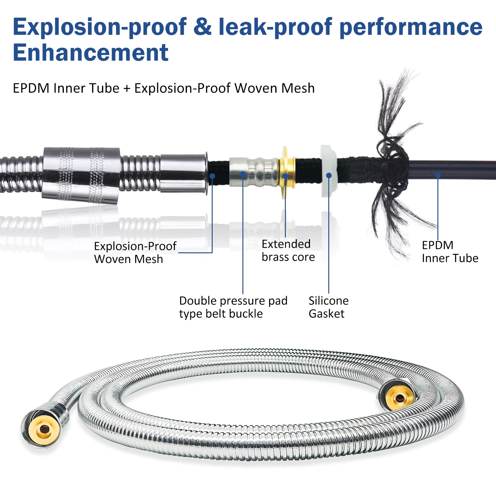 Shower Hose for Handheld High Pressure Shower Heads, 79" Extra Long Shower Hose, Built-in Explosion-Proof Braided Mesh Anti-leakage, 304 Stainless Steel Chrome Plated, with Shower Head Holder