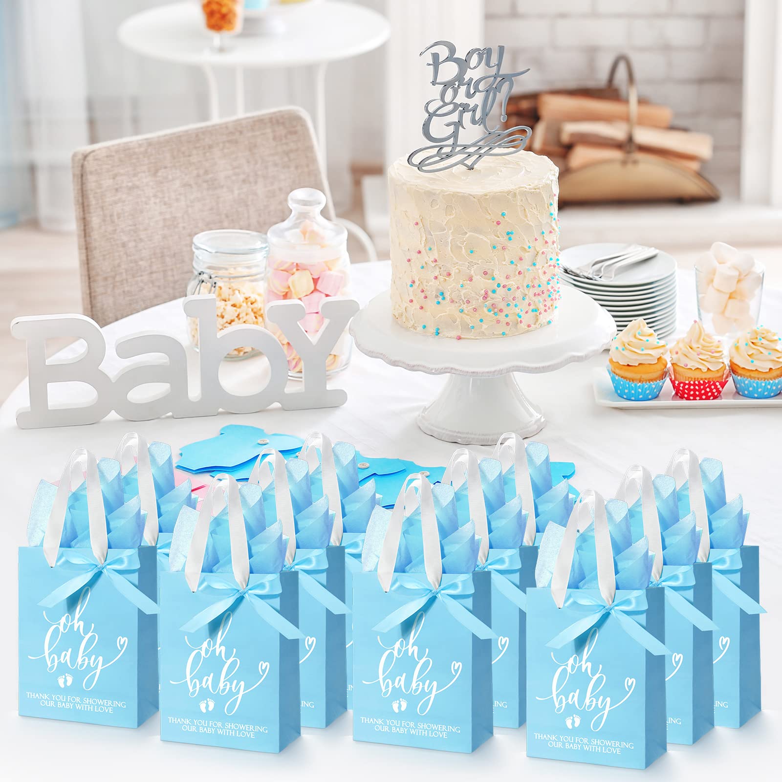 PerKoop 50 Pack Baby Shower Gifts Bag with Tissue Papers Baby Shower Bag with Handle Paper Gift Bag and 50 Sheets Decorative Tissue Paper for Guests Gifts Gender Reveal Baby Shower Favors (Blue)