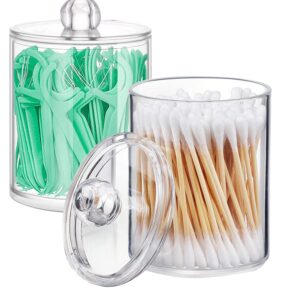 sackei 2 pack qtip holder dispenser with lid, clear acrylic q tip organizer and storage for cotton swabs, cotton ball, floss, cotton round pads, bathroom decor accessories for vanity makeup canister