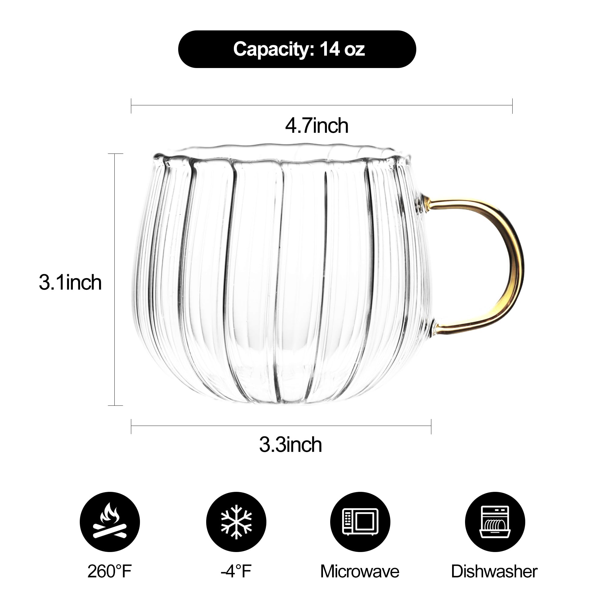 LUATSDAR 14 oz Glass Coffee Mugs Set of 4, Drinking Glasses with Yellow Handle, Clear Glass Cups for Hot or Cold Drinks like Cappuccino, Latte, Cocoa, Milk, Tea