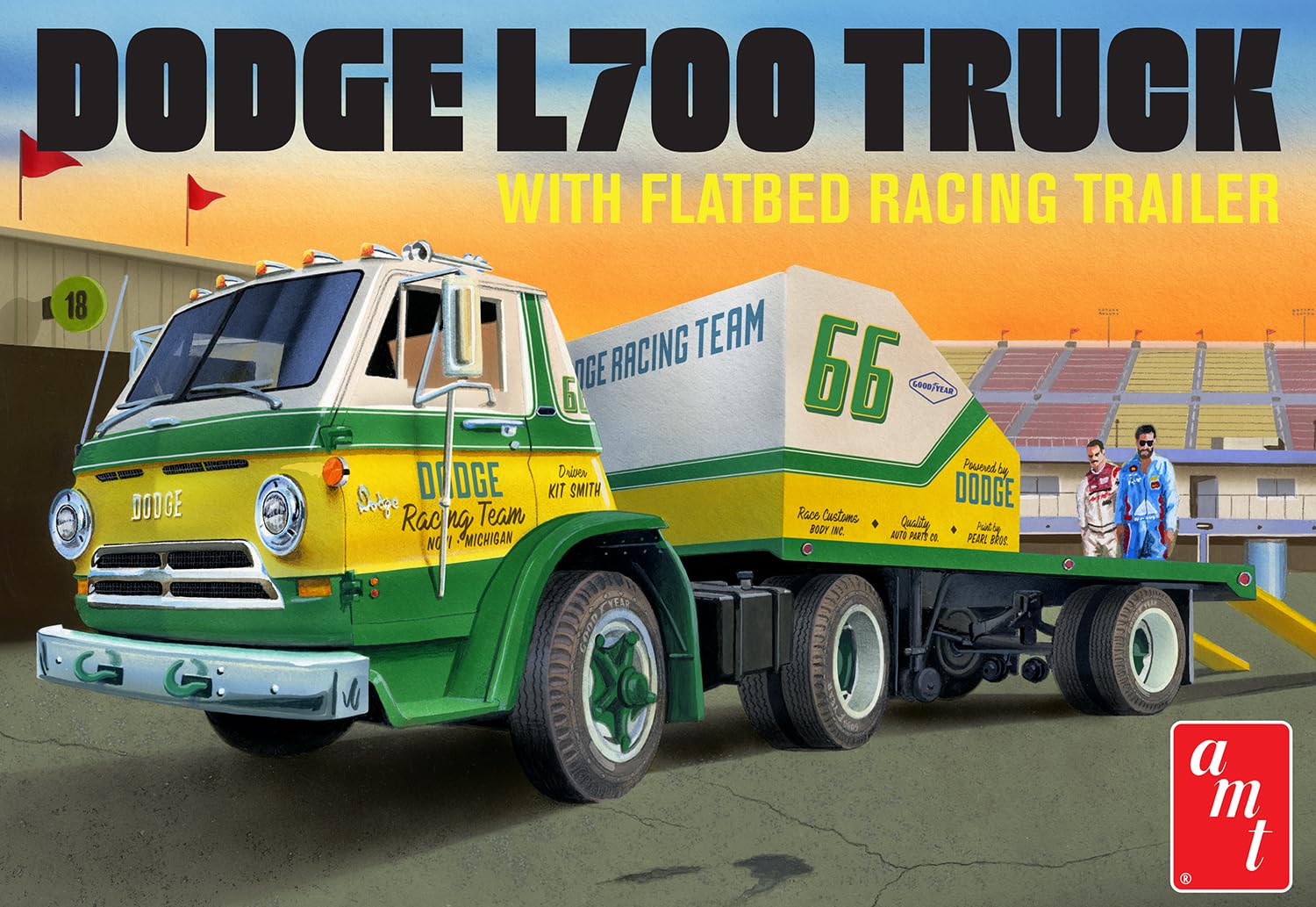 AMT 1966 Dodge L700 Truck w/Flatbed Racing Trailer 1:25 Scale Model Kit