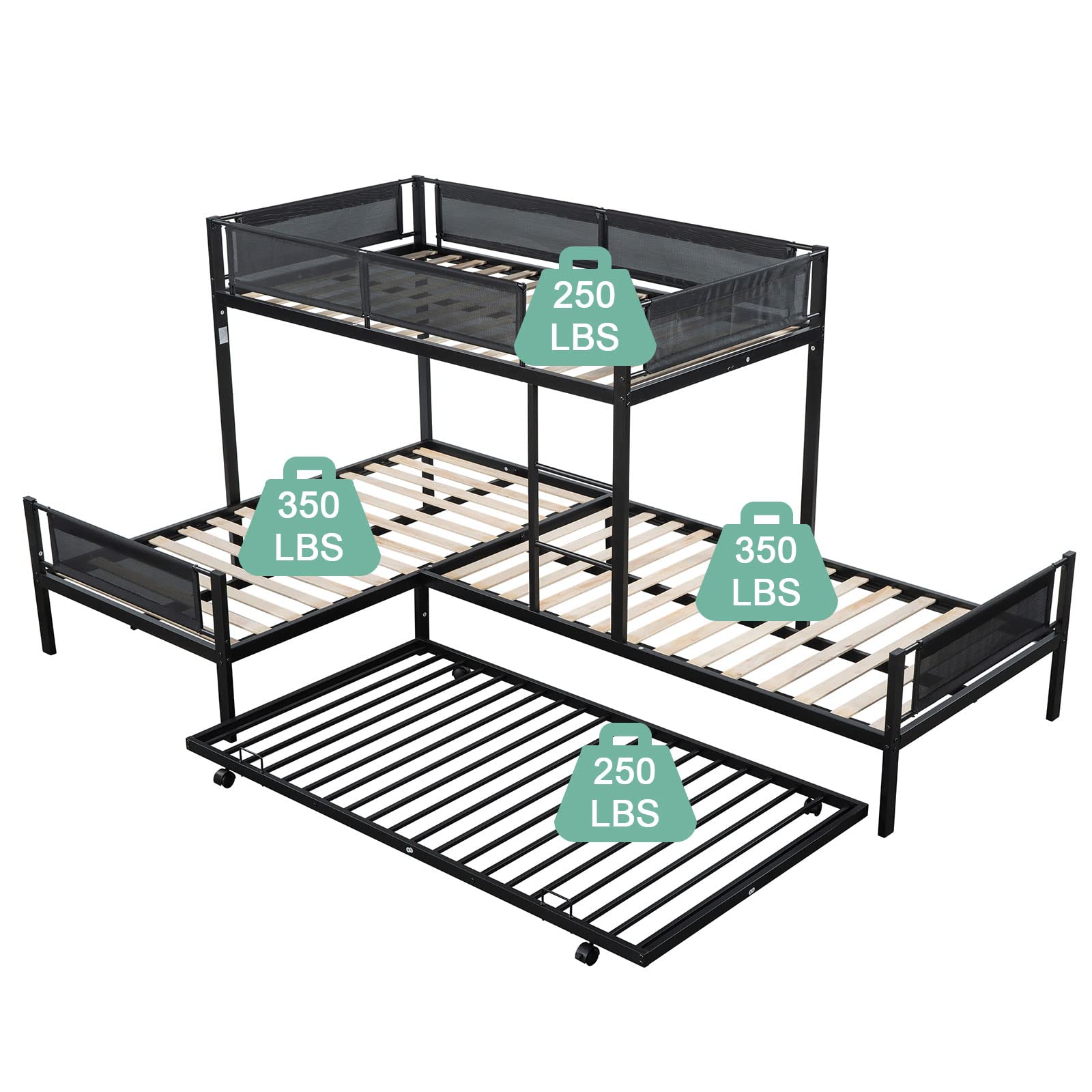 Neylory L-Shape Bunk Bed with Trundle,Triple Bunk Beds Twin Over Twin for 4 Kids,Quad Bunkbed Heavy Duty Metal Frame for Teens Children Toddler