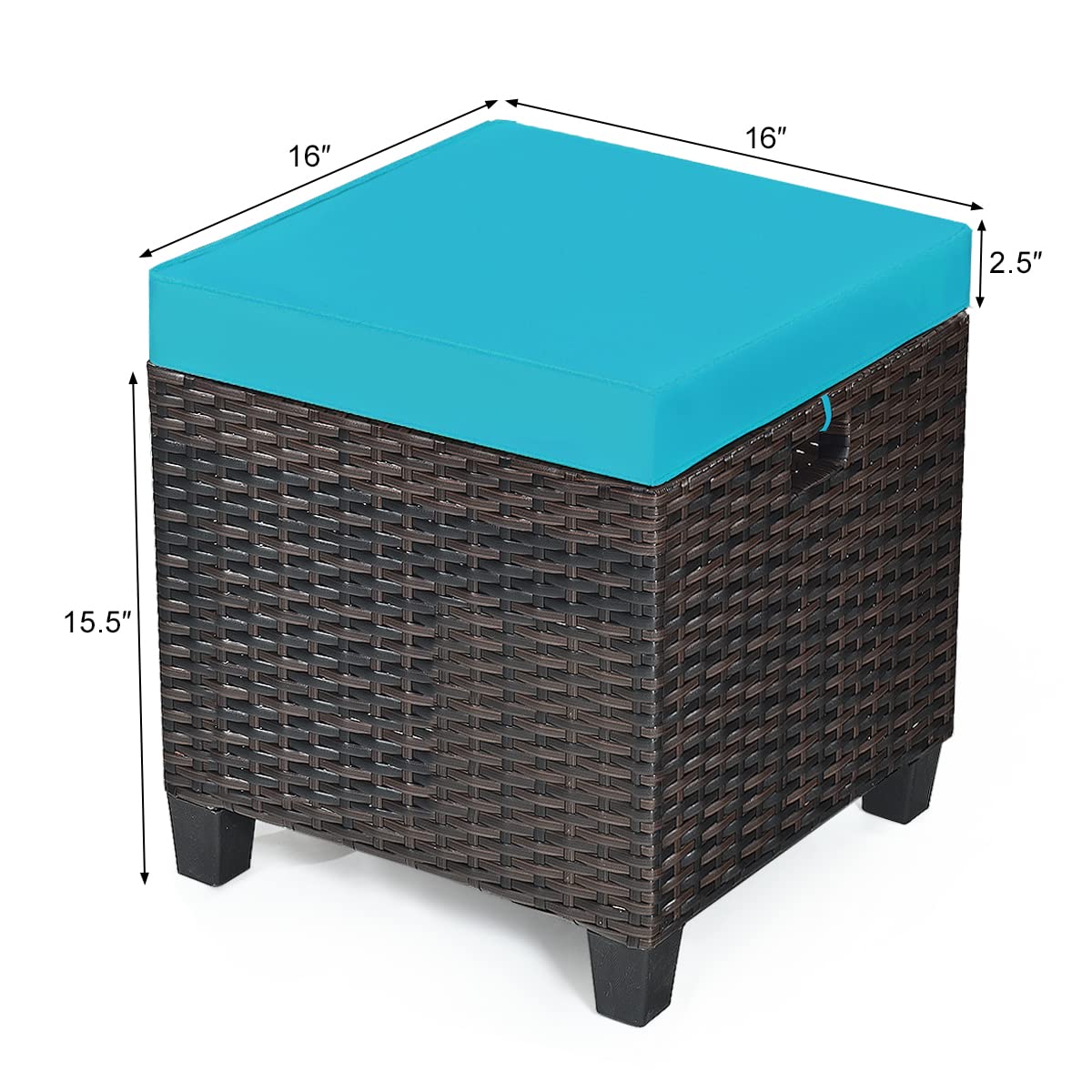 ORALNER Set of 2 Outdoor Ottoman, 16" Wicker Footstools, All-Weather Rattan Cube Foot Stool w/Removable Cushions, Square Footrest Extra Seating for Patio, Porch, Deck, Easy Assembly (Turquoise)