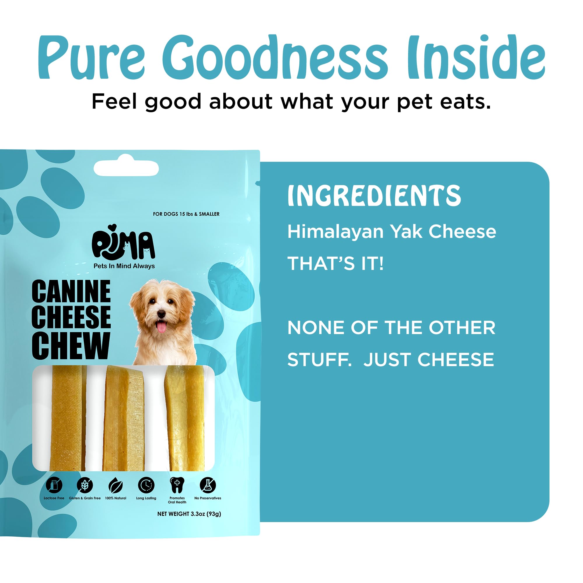 PIMA - Canine Cheese Chews, Natural Yak Chews for Dogs 15 lbs or Smaller, Lactose-Free Yak Cheese Dog Chews, Long Lasting Dog Chews with Protein and Vitamin E, D and A, Medium, Small, 3-Pack, 3.3 oz