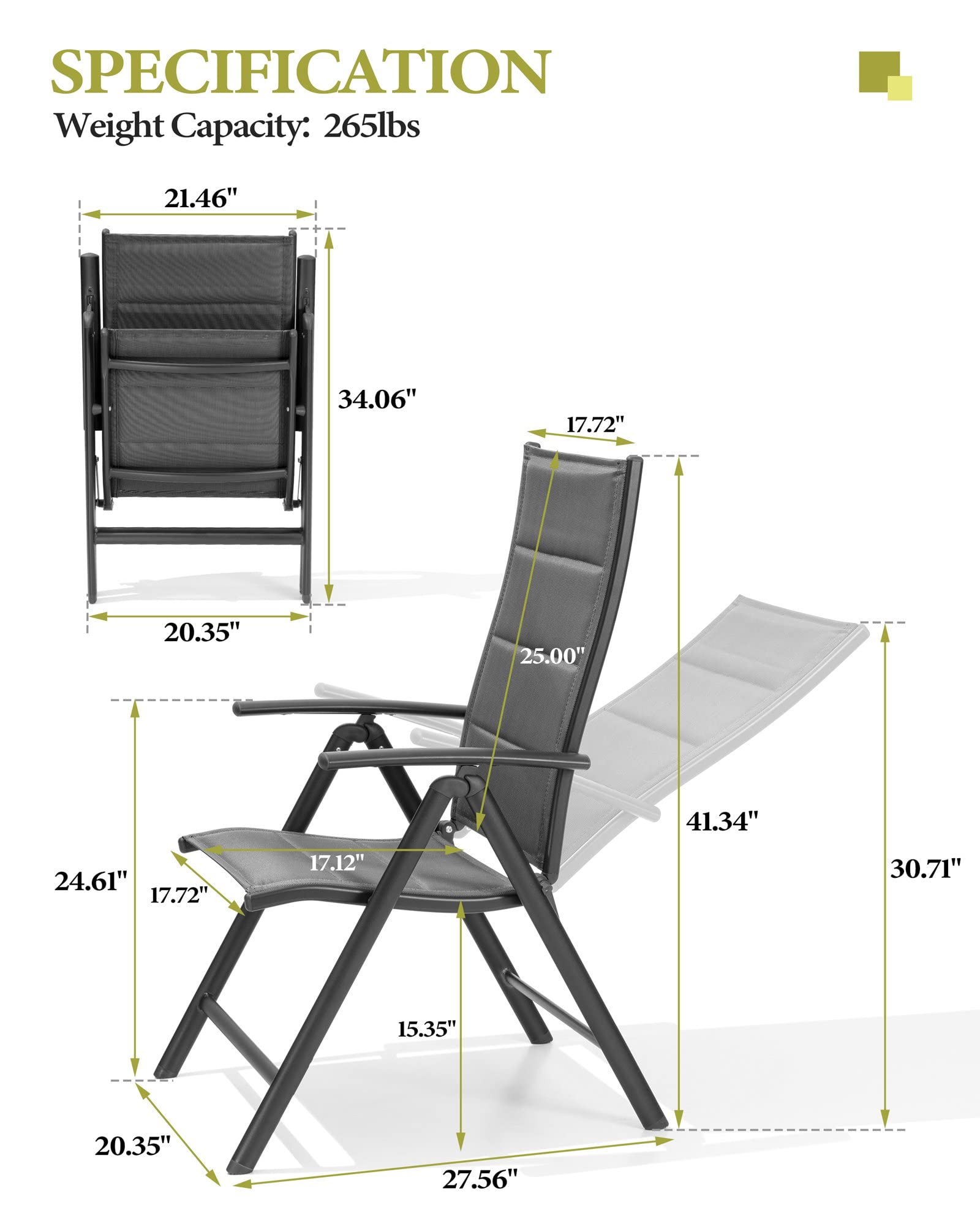 Crestlive Products Folding Patio Chairs Set of 4, Aluminium Outdoor Folding Chairs with Soft Cotton-Padded Seat,Adjustable High Backrest for Camping, Garden, Backyard