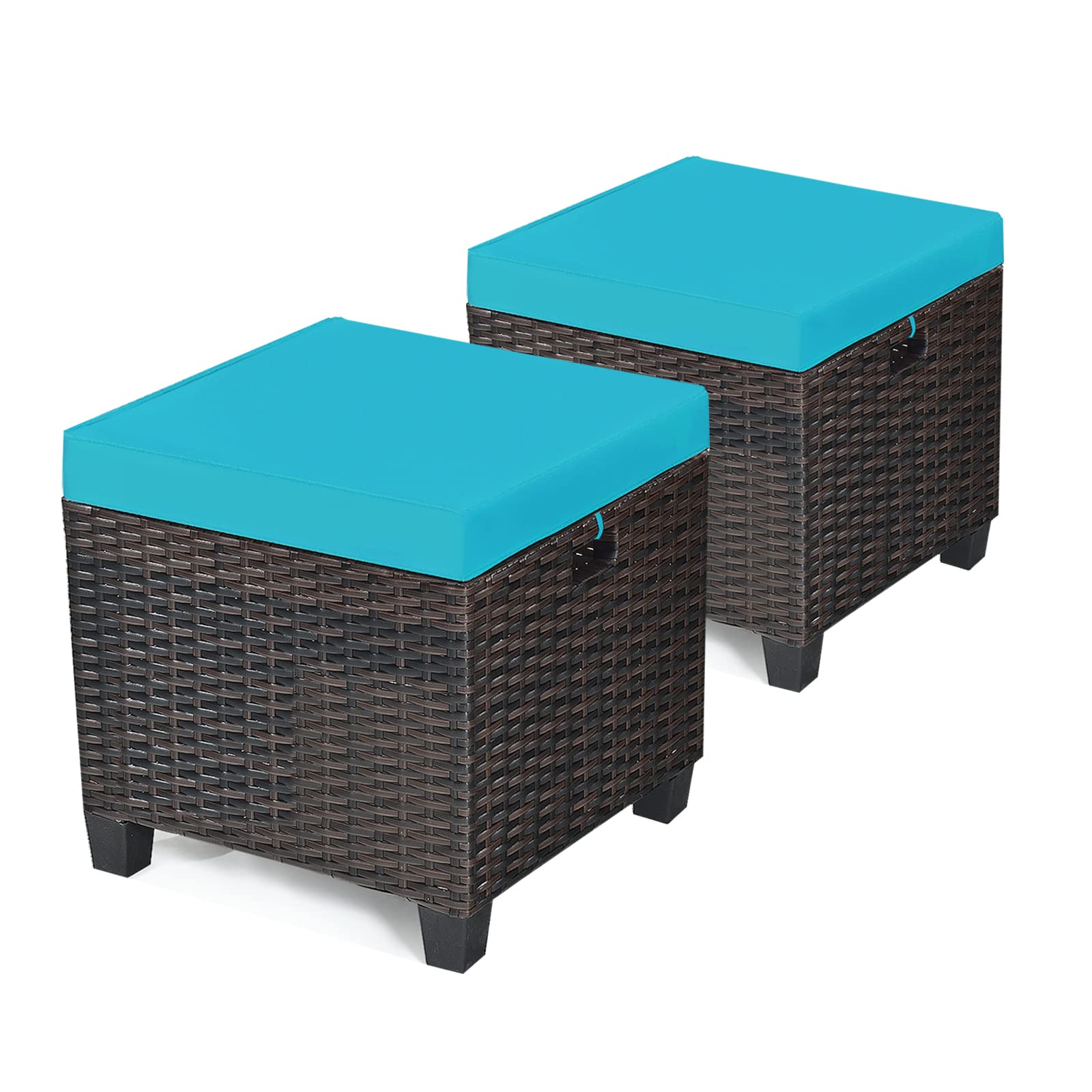 ORALNER Set of 2 Outdoor Ottoman, 16" Wicker Footstools, All-Weather Rattan Cube Foot Stool w/Removable Cushions, Square Footrest Extra Seating for Patio, Porch, Deck, Easy Assembly (Turquoise)