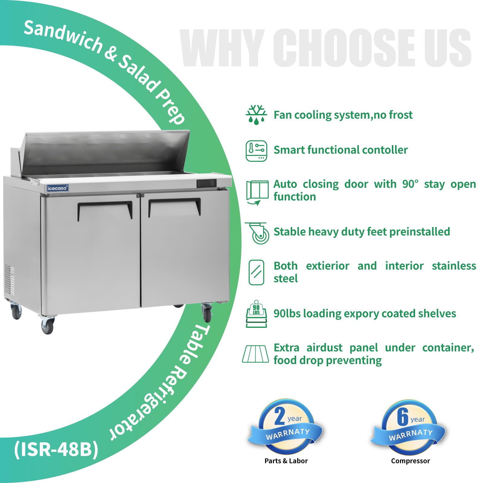 ICECASA 48" W Commercial Refrigerator Sandwich&Salad Prep Table 2 Door Stainless Steel Counter Fan Cooling Refrigerator with 12 pans-48 Inches for Restaurant, Bar, Shop, etc