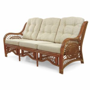 Malibu Lounge Three-Seater Sofa Natural Rattan Wicker Handmade Design with Cream Cushions, Colonial