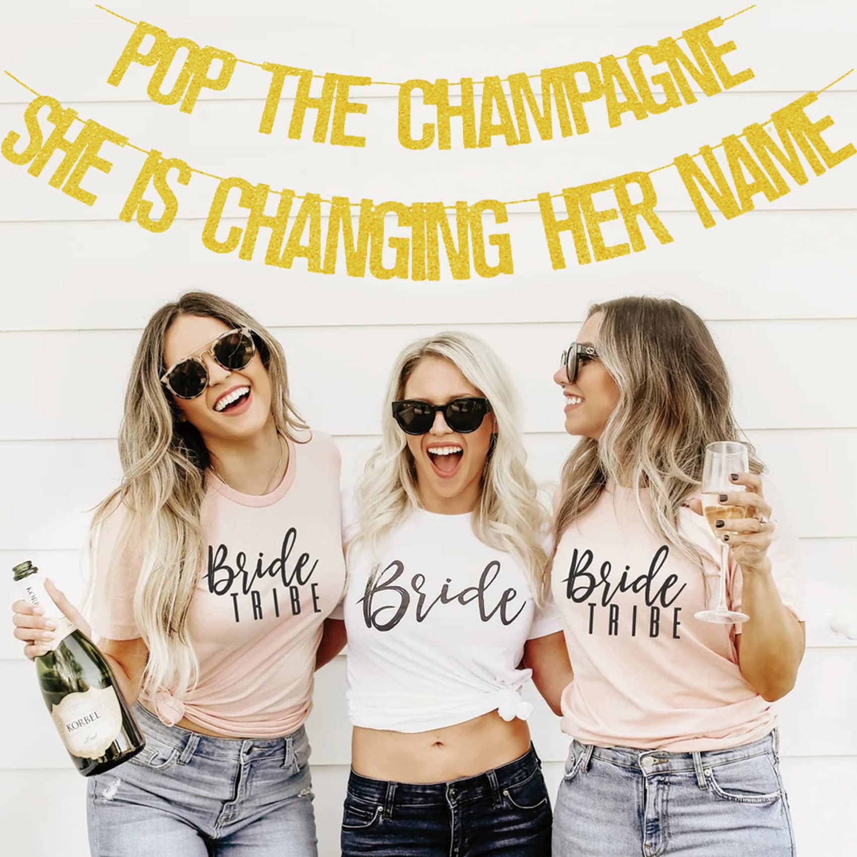 Engagement Party Decorations, Rose Gold Bridal Shower, Bachelorette Banner “Pop The Champagne She is Changing Her Name” Wedding Girls Photo Props Bride to be Backdrop Decor Supplies Favors (Gold)