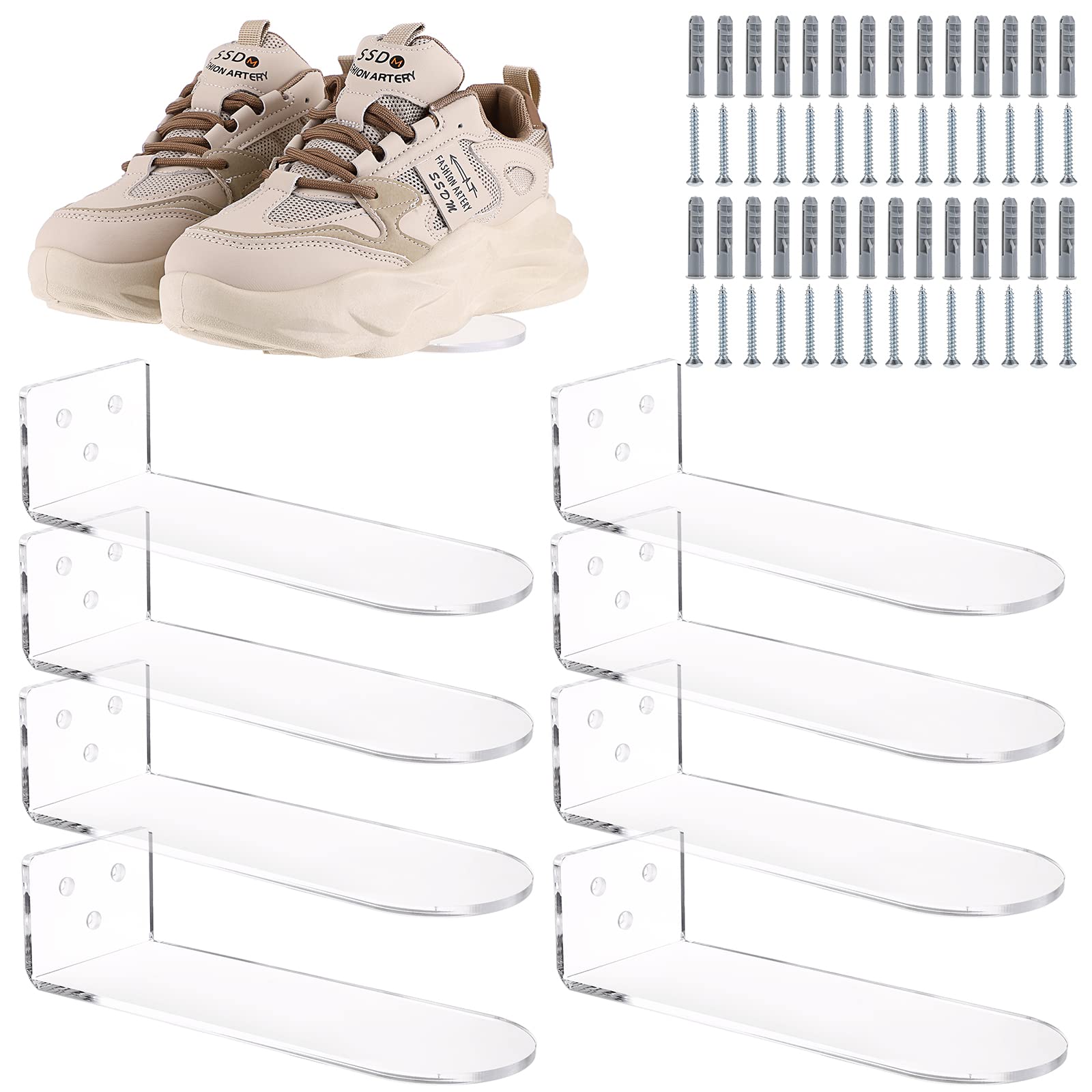 Sumnacon Shoe Shelves 8Pcs Shoe Display Shelves with Screws Clear Acrylic Wall Shoe Shelves for Sneaker Display Show Storage Collection Sturdy Shoe Floating Shelves for Bedroom Hallway Living Room