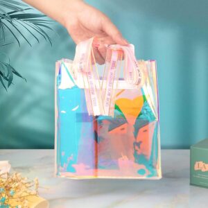 Holographic Small Gift Bags 2 Pack 7.9 * 7.1 * 3.9 Inch with Handles for Women, Girls, Birthday, Christmas, Bachelorette Party Favors, Shopping Reusable Clear Gift Wrap Bag