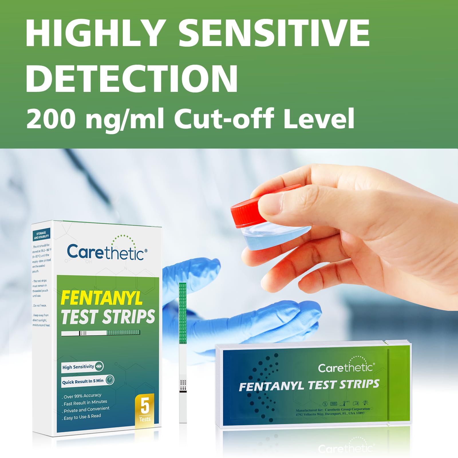 Fentanyl Test Strips - [5 Pack] Carethetic Fentanyl Testing Strips for Testing Drugs - Fentanyl Test Kit for Powder, Liquid & Pills | Quick & Highly Sensitive