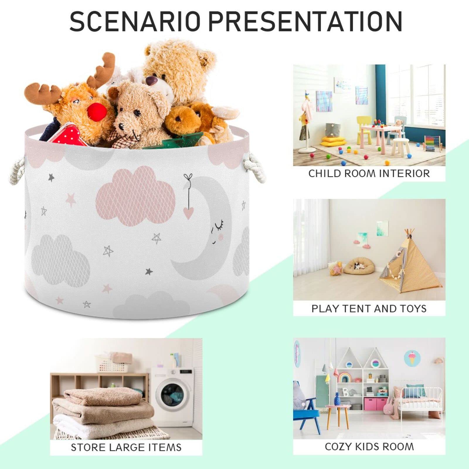 Round Storage Basket Bin Cute Moon Star Collapsible Waterproof Laundry Hamper Baby Nursery Basket Organizer with Handles for Bedroom Closet Toys Gifts