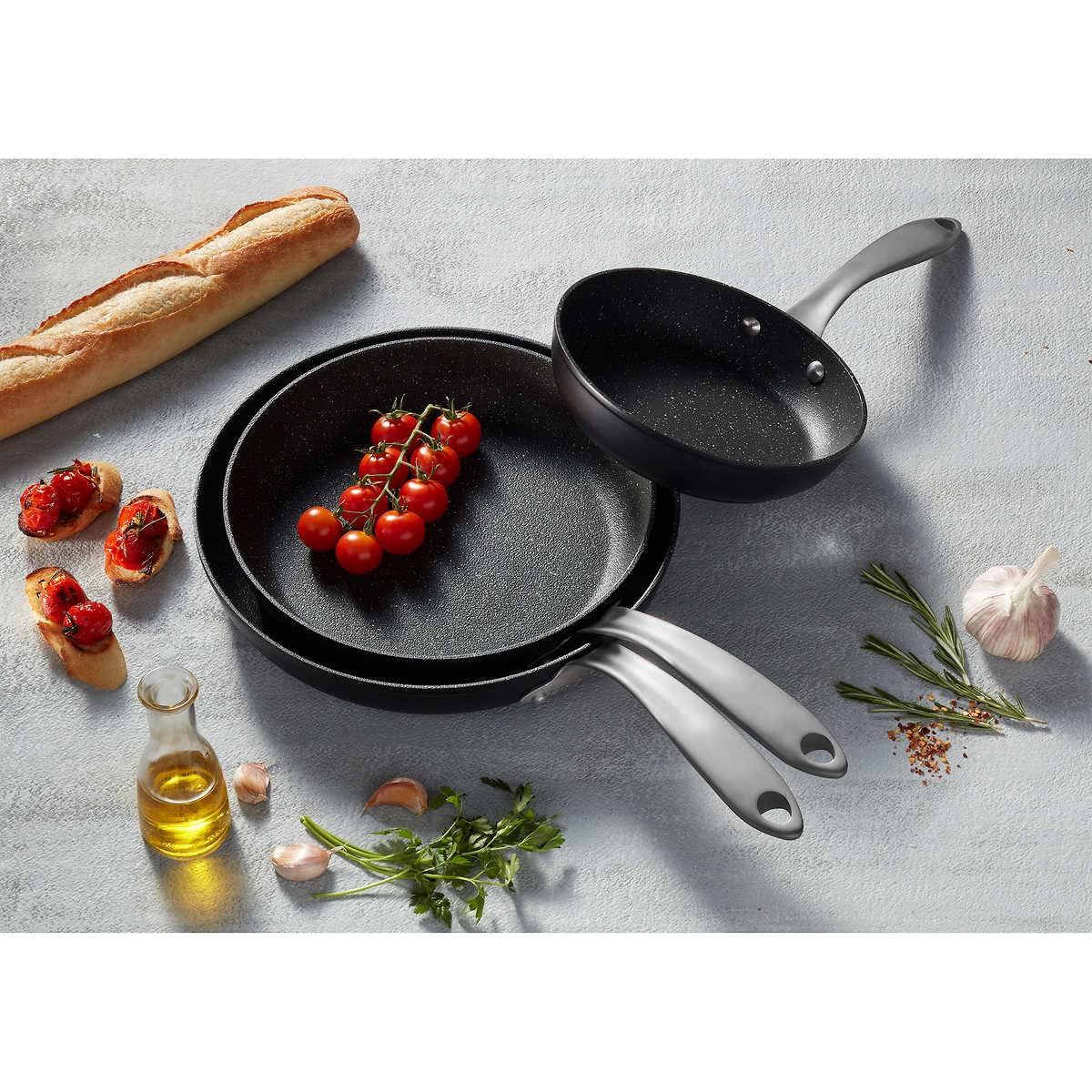 The Rock Skillet Set with Riveted Stainless Steel Handles for a Safe Grip & Forged Aluminum Base for Optimal Heat Distribution, 3-Piece Set