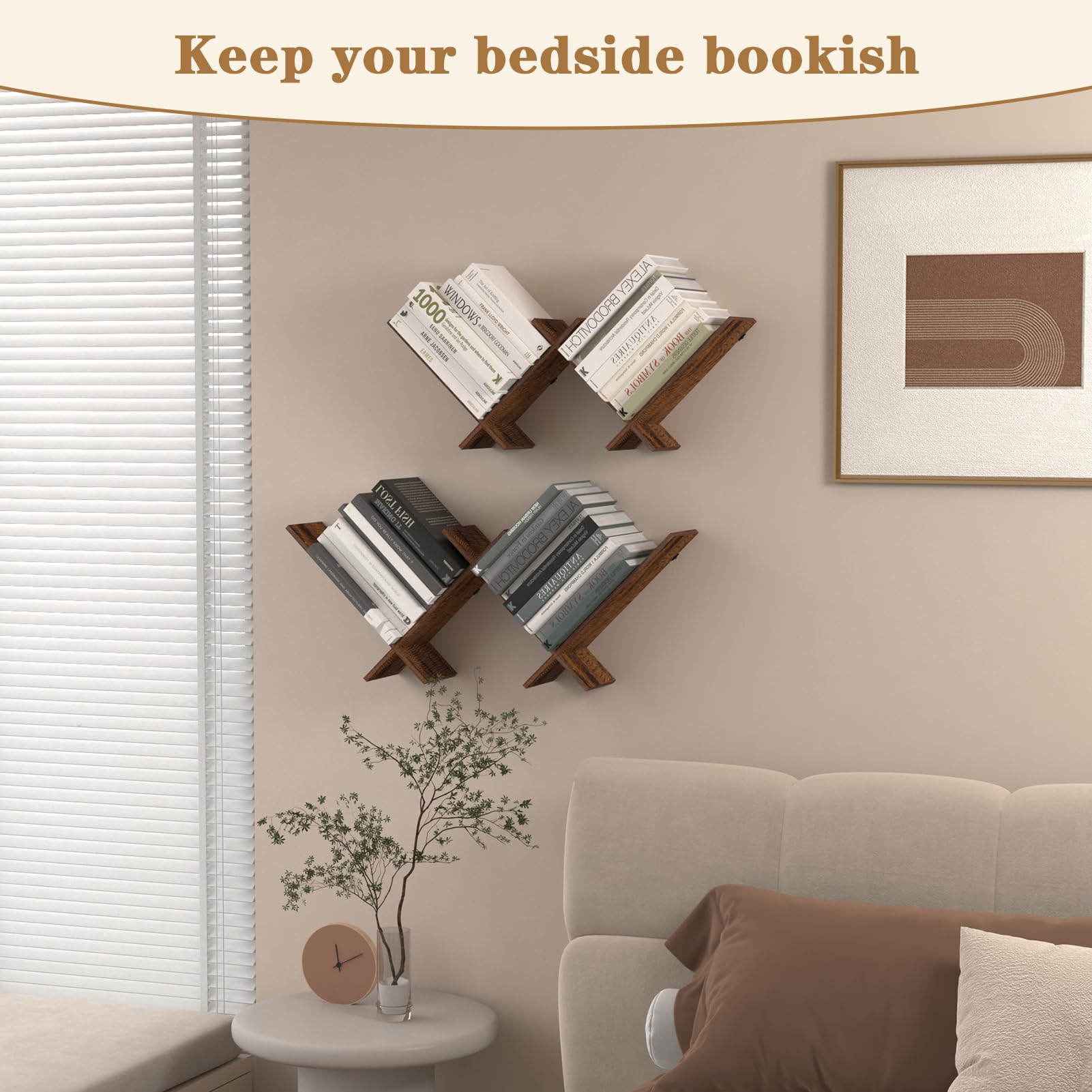 Wtrgas 4 Tier Wall Mount Tree Bookshelf, Brown Bookcase for Storaging Displaying Books, CDs, Magazines for Study, Living Room, Bedroom