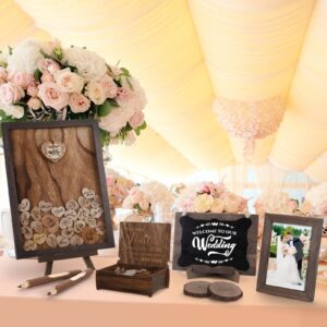 durony Wedding Guest Book Set Drop Top Frame Sign Book with 122 Pieces Wooden Hearts Wooden Picture Frame Rustic Wedding Decorations for Reception Wedding Gift, Log Brown