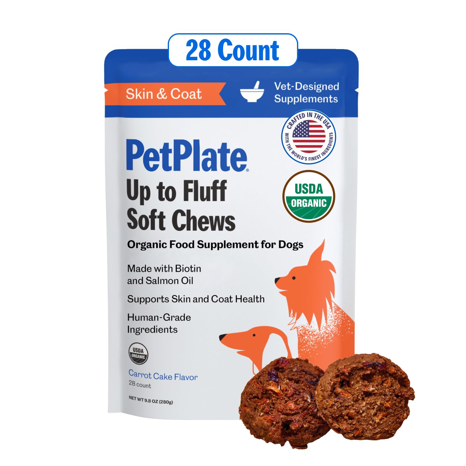 PetPlate Up to Fluff Soft Chews for Dogs, Skin & Coat Support, USDA Organic Supplement, Grain-Free, Human-Grade, Includes Salmon Oil and Biotin, Pet Supplies (Pack of 1, 9.8 Ounce)