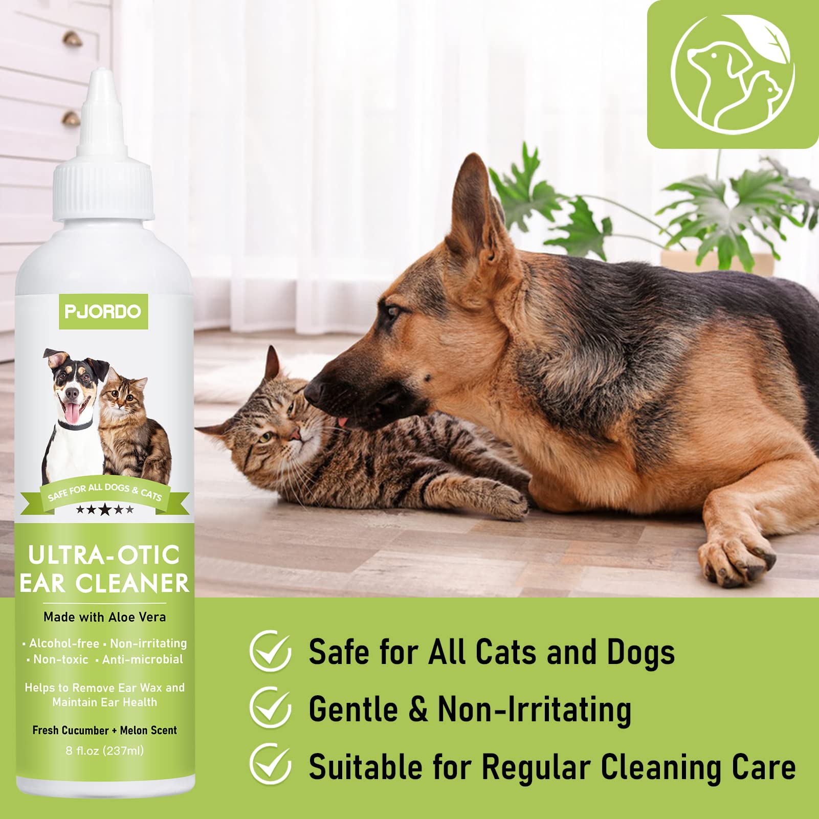 Pjordo Ear Cleaner for Dogs and Cats, 8oz Pet Ear Cleaner Solution, Dog Ear Treatment Helps Reduce Wax, Debris, Odor, Itching, Irritation, Cat Ear Wash Drops with 50pcs Cotton Swabs