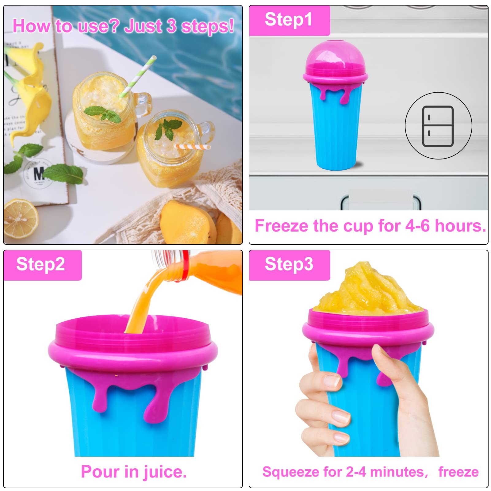 Slushy Cup, 2PCS 500ml Magic Slushy Maker Cup TIK TOK Quick Frozen Magic Cup Double Layers Slushie Cup Portable Quick Frozen Smoothies Squeeze Cooling Cup