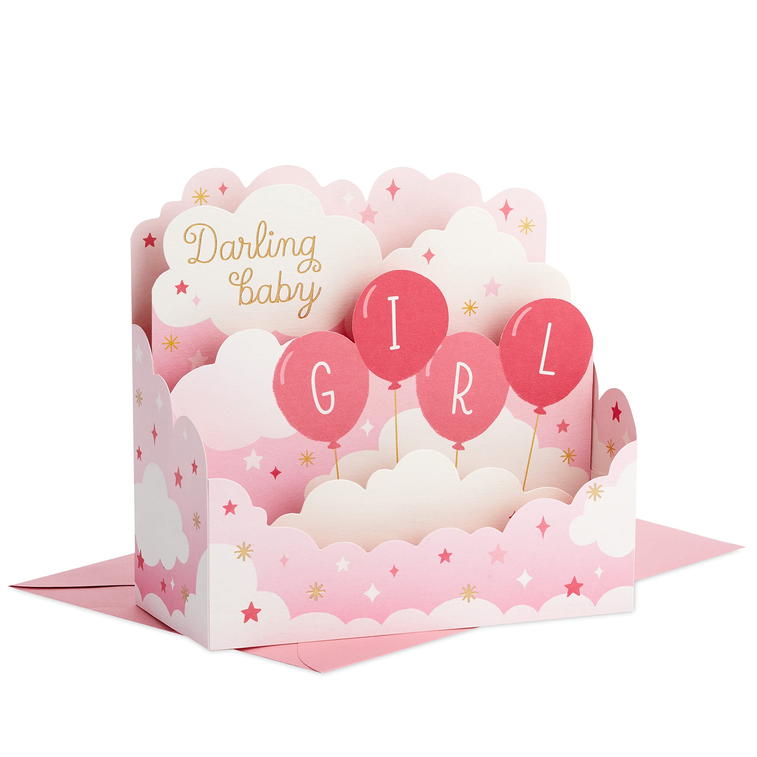 Hallmark Paper Wonder Pop Up Baby Shower Card for Girl (Pink Balloons) Welcome New Baby Girl, Congratulations