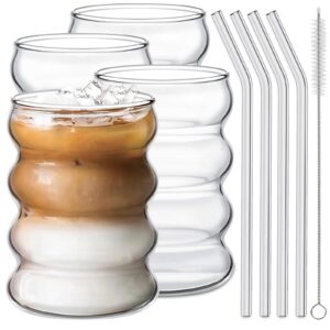 ework4u 4 pcs drinking glasses with glass straw 14oz glassware set,cocktail glasses,iced coffee glasses,beer glasses,ideal for water,soda,tea,gift - with cleaning brushe