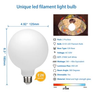 MYEMITTING 2 Pack G40/G125 Globe LED Bulb, Warm White 2700K Dimmable LED Globe Bulb, 5W Equivalent 40W LED Globe Light Bulbs, CRI 90+, Milky Glass, LED Bulb for Bathroom Vanity Mirror, E26 Base