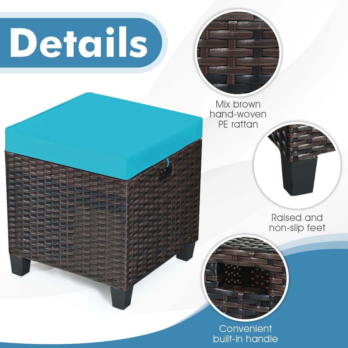 ORALNER Set of 2 Outdoor Ottoman, 16" Wicker Footstools, All-Weather Rattan Cube Foot Stool w/Removable Cushions, Square Footrest Extra Seating for Patio, Porch, Deck, Easy Assembly (Turquoise)