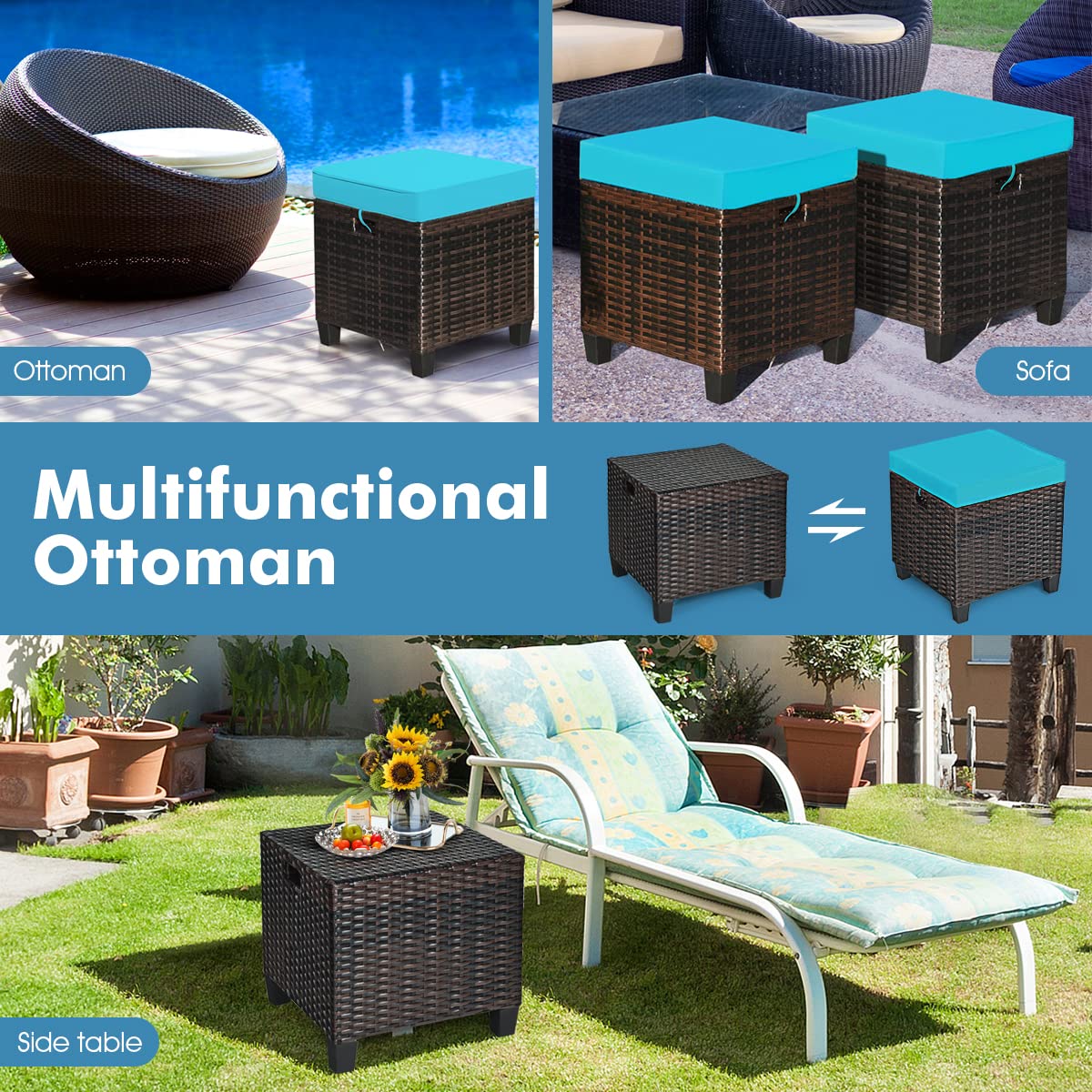 ORALNER Set of 2 Outdoor Ottoman, 16" Wicker Footstools, All-Weather Rattan Cube Foot Stool w/Removable Cushions, Square Footrest Extra Seating for Patio, Porch, Deck, Easy Assembly (Turquoise)